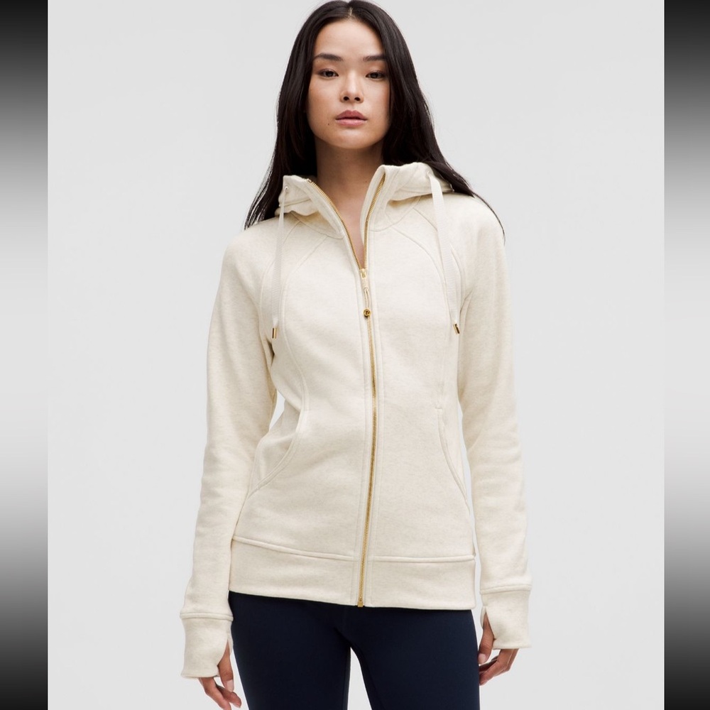 Lululemon Scuba full zip hoodie plush. Heathered Bone with gold zipper. Size 4.